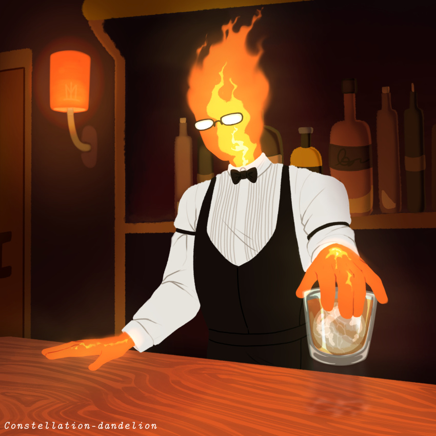 1boy, 2024, 2d, artist_name, bar_(place), bartender, black_bowtie, black_vest, bottle, bowtie, buttercupcd, counter, digital_media, drink, elemental_(creature), fire_elemental, flaming_head, glasses, grillby, highres, holding, holding_cup, holding_drink, humanoid, in-universe_location, indoors, lamp, male, male_focus, male_only, monster, monster_boy, no_mouth, orange_skin, shelf, solo, undertale, uniform, utdr_(toby_fox), variant_set, vest, wall_lamp
