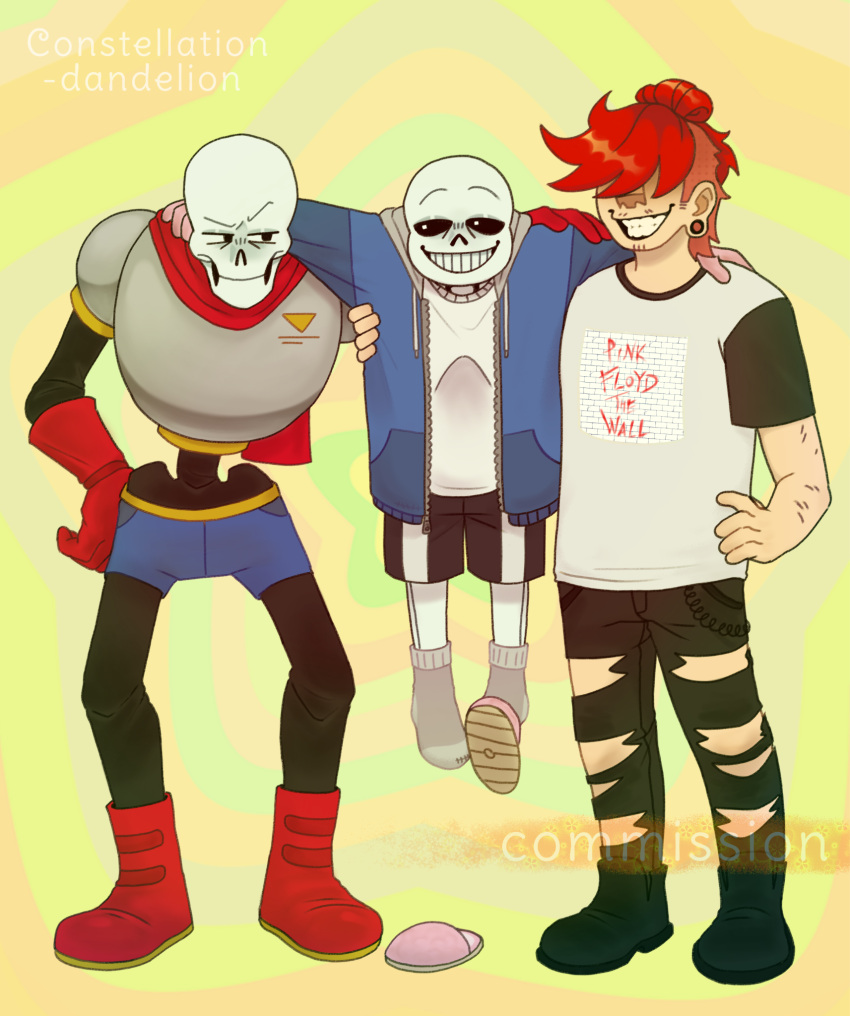 2024, 2d, 3boys, armor, artist_name, black_pants, black_shoes, brothers, buttercupcd, cape, commission, commissioner_insert, digital_media, facial_hair, full_body, gloves, green_background, grey_armor, grey_socks, grin, hair_over_eyes, hand_on_another's_shoulder, hand_on_own_hip, height_difference, highres, hood, hood_down, hooded_jacket, human, humanoid, jacket, male, male_focus, male_only, monster, monster_boy, multiple_boys, open_clothes, open_jacket, original, original_character, papyrus_(undertale), pink_gloves, plug_(piercing), red_hair, sans_(undertale), shirt, shoes, shorts, siblings, simple_background, skeleton, smile, socks, standing, striped_shorts, teeth, torn_pants, trio, undead, undertale, utdr_(toby_fox), vertical-striped_clothes, vertical-striped_shorts, white_stripes, yellow_background