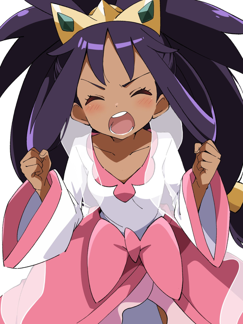 1girl, black_hair, blush, bow, clenched_hands, closed_eyes, collarbone, crown, dark-skinned_female, dark_skin, dress, facing_viewer, hands_up, highres, iris_(pokemon), long_hair, long_sleeves, niyane, open_mouth, pink_bow, pink_dress, pokemon, pokemon_bw, sidelocks_tied_back, solo, waist_bow, wide_sleeves