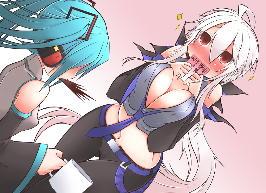 amayadori_no_niwakaame, aqua_hair, belt, blush, bow, breasts, cleavage, coffee, cup, detached_sleeves, hair_bow, hair_ornament, hatsune_miku, headset, large_breasts, long_hair, midriff, mug, navel, necktie, pants, red_eyes, spit, translation_request, twintails, vocaloid, white_hair, yowane_haku