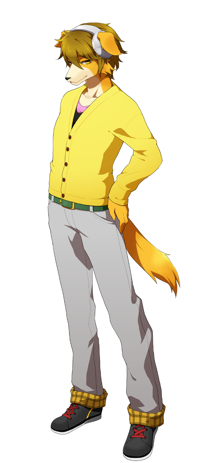 1boy, animal_ears, anime_coloring, belt, black_shirt, black_shoes, colored_skin, dog