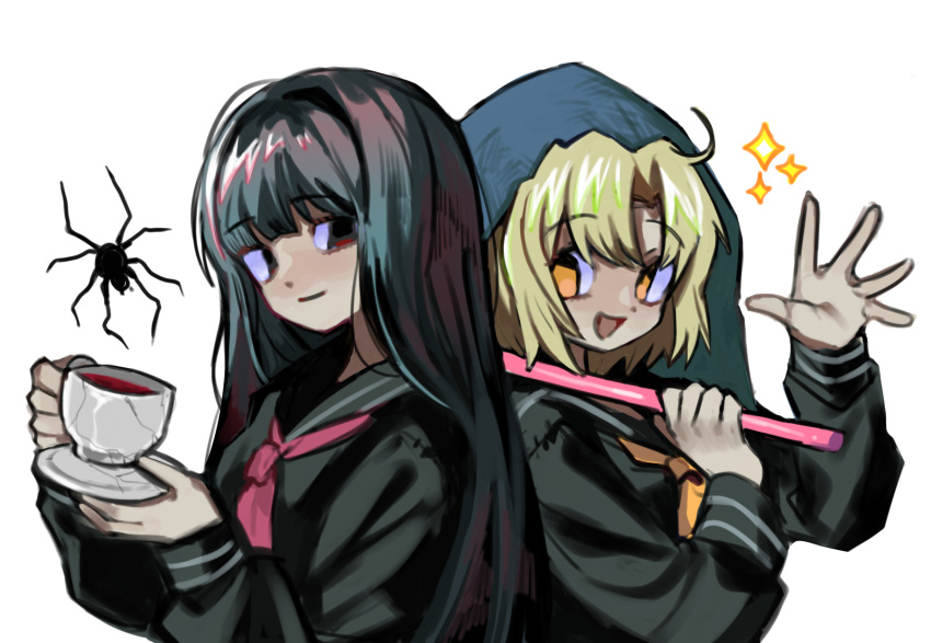 2girls, avalona, black_hair, black_serafuku, blonde_hair, blue_hood, bug, cup