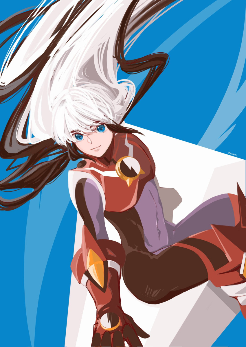 1boy, armor, black_bodysuit, black_hair, blue_background, blue_eyes, bodysuit, cross_fusion