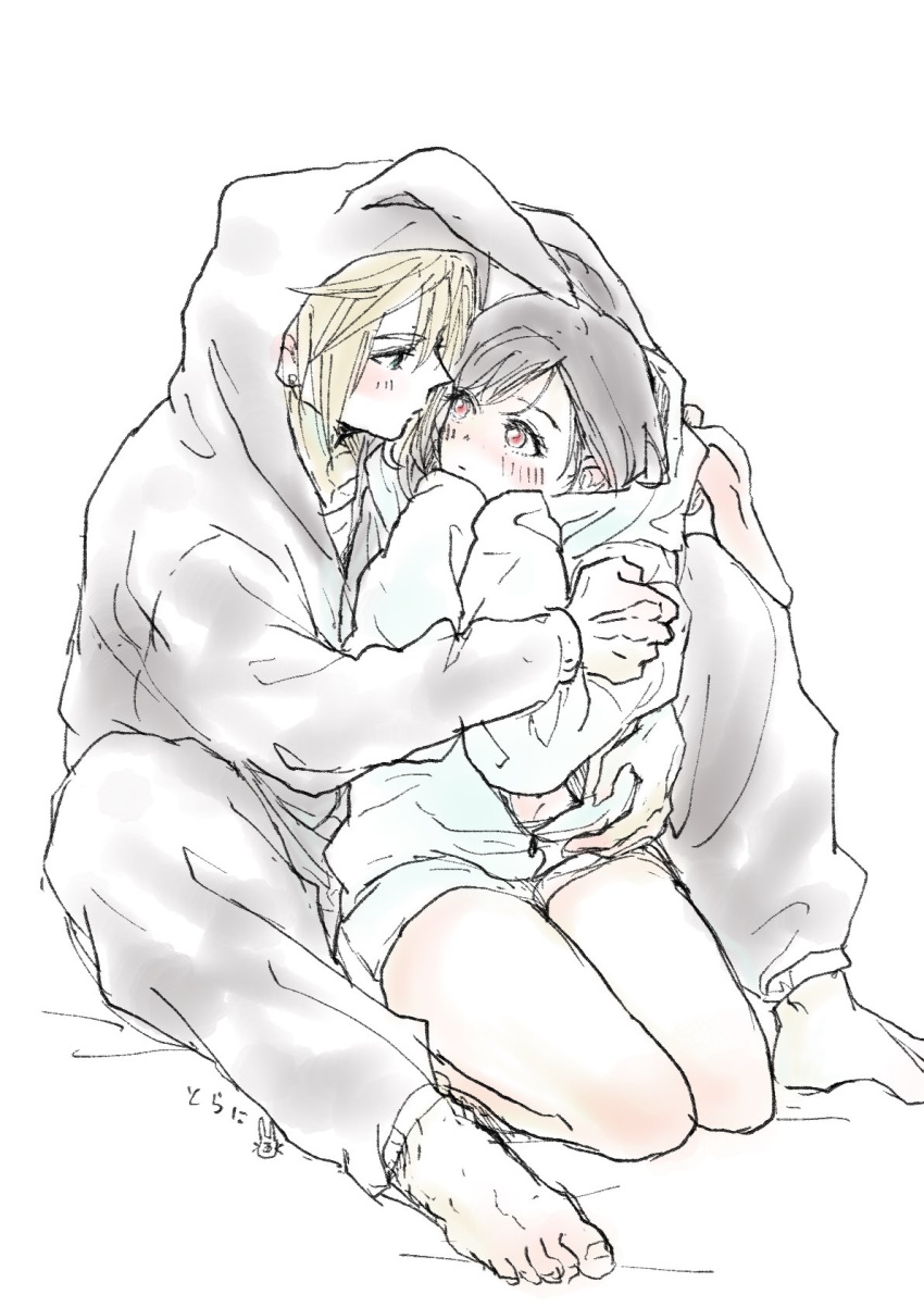 1boy, 1girl, alternate_costume, animal_ears, animal_hood, bare_legs, barefoot, black_hair