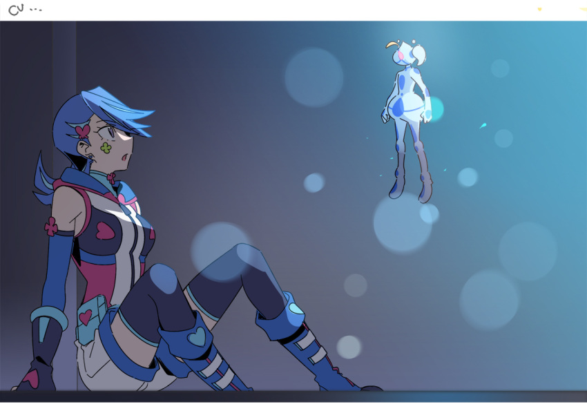 2girls, 3_ma_me, aqua_(yu-gi-oh!_vrains), black_vest, blue_background, blue_girl, blue_hair, blue_skin