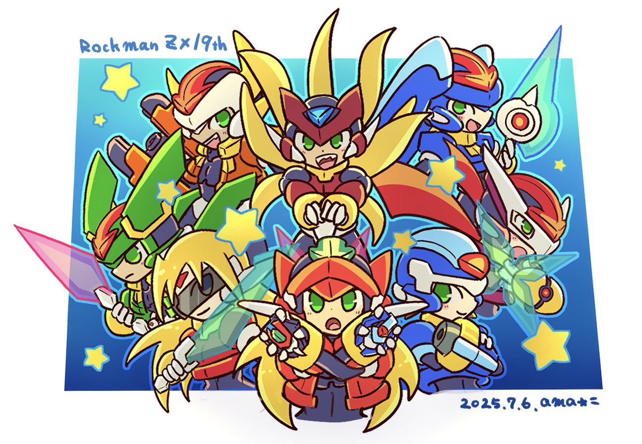 1girl, 2boys, aile_(mega_man_zx), ama_megaman, anniversary, biometal, blonde_hair, blue_background