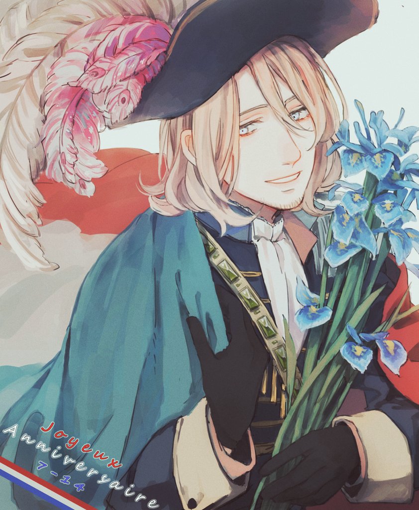 1boy, anniversary, ascot, axis_powers_hetalia, black_gloves, black_hat, blonde_hair, blue_cape