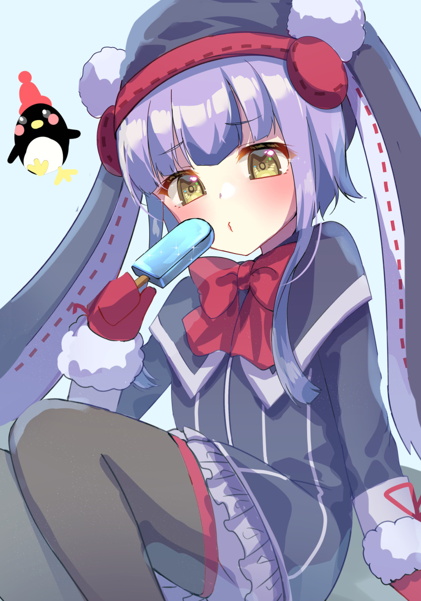 1girl, animal_hood, black_capelet, black_dress, black_thighhighs, blush, capelet, dress, emil_chronicle_online, food, frilled_dress, frills, gloves, highres, holding, holding_food, holding_popsicle, hood, neck_ribbon, penguin_girl, penguin_hood, pepen_alma, popsicle, purple_hair, red_gloves, red_ribbon, ribbon, sitting, suzu_(minagi), thigh-highs, yellow_eyes