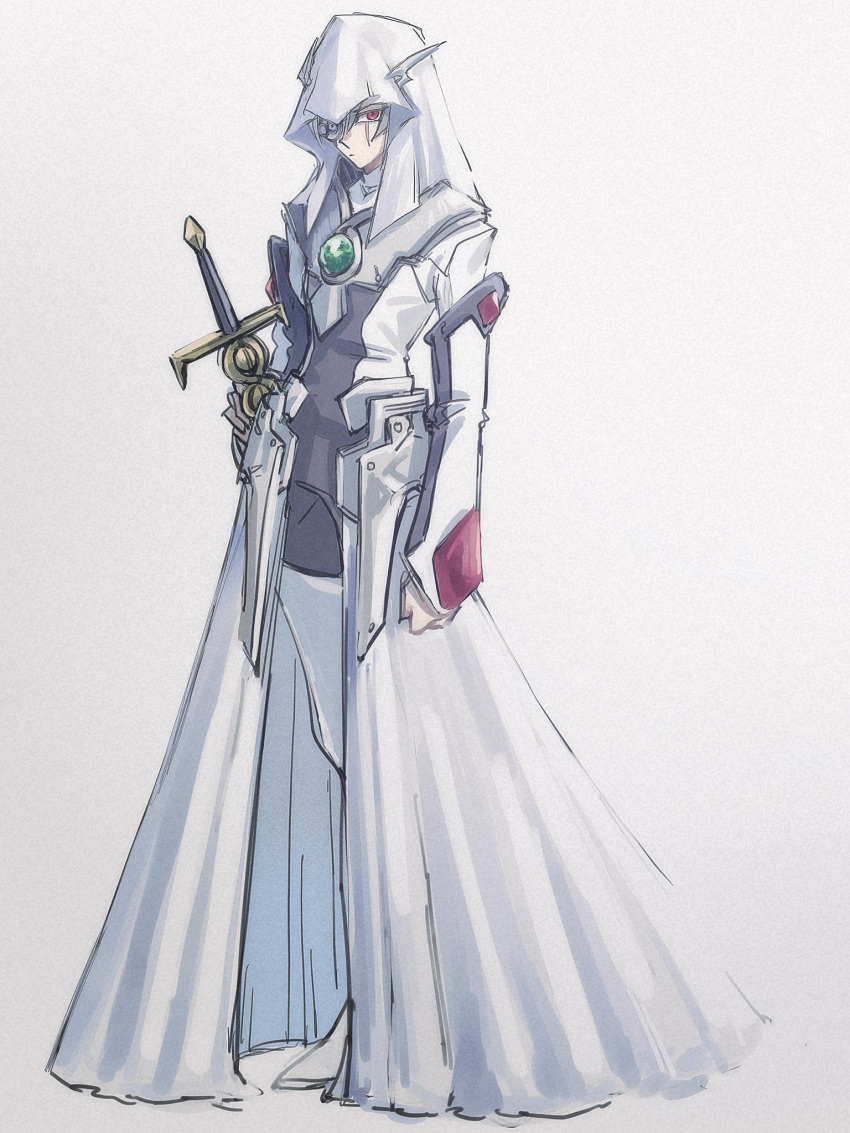 1boy, armband, armor, arms_at_sides, boots, chiizukeiki_iida, clenched_hand, coat