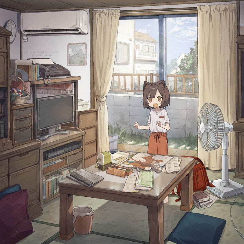 1girl, accident, air_conditioner, animal_ears, backpack, bag, bare_arms, barefoot