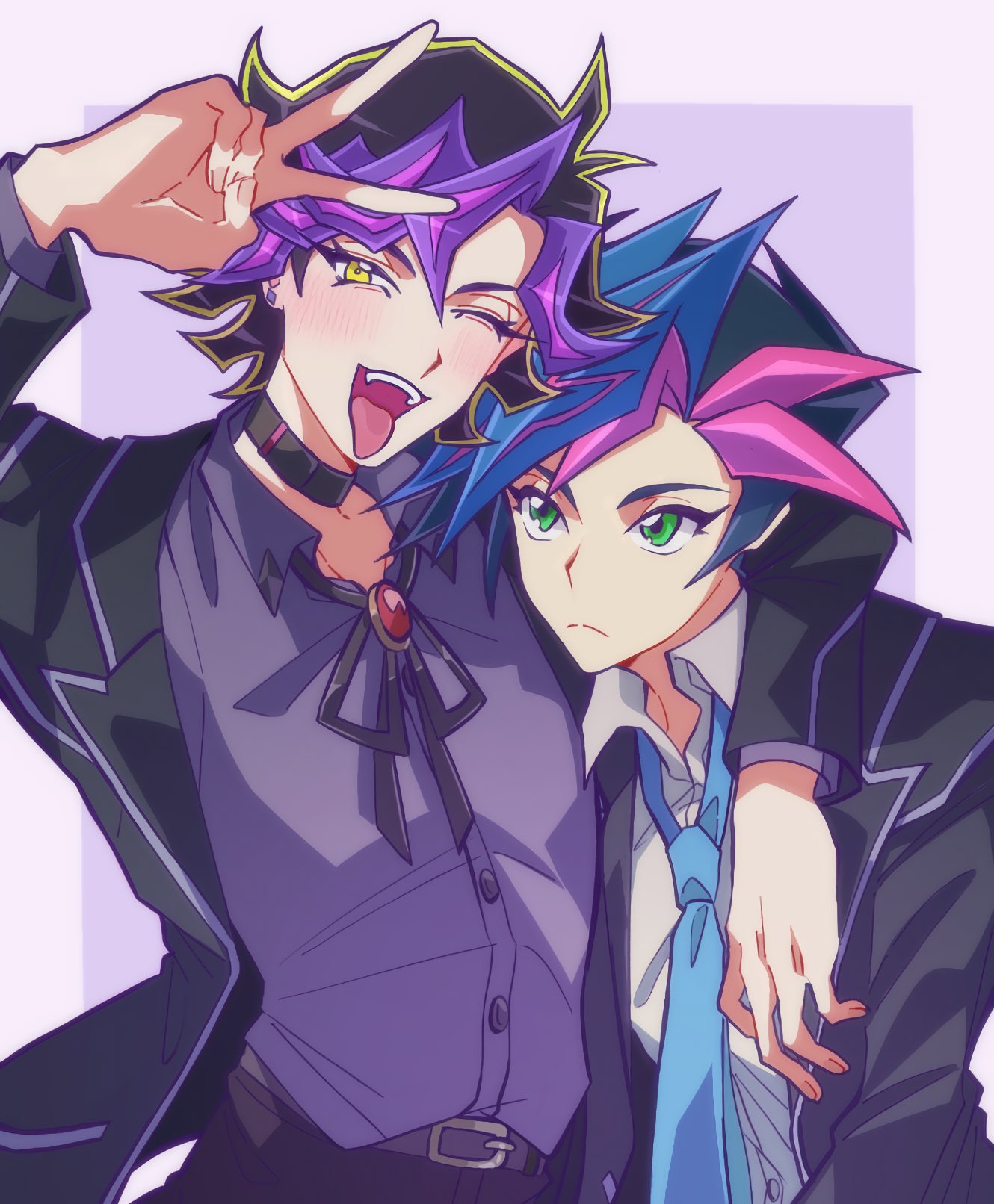 2boys, ai_(yu-gi-oh!), alternate_form, arm_around_shoulder, arm_up, black_choker, black_hair, black_jacket