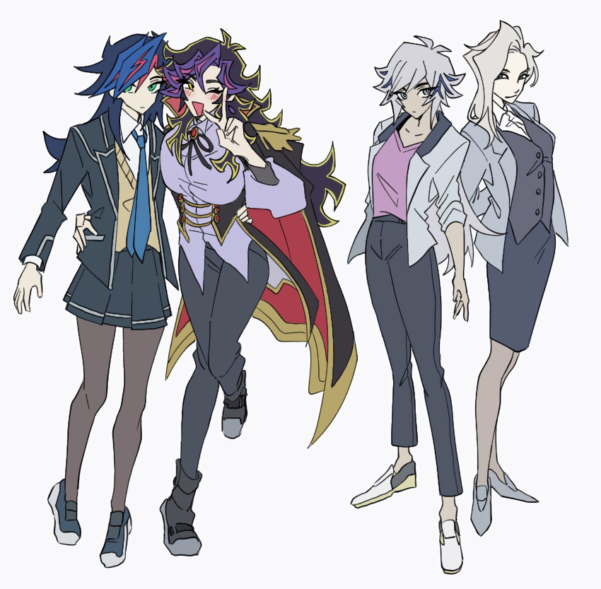 4girls, ai_(yu-gi-oh!), arms_behind_back, black_cape, black_hair, black_jacket, black_pants, black_shoes