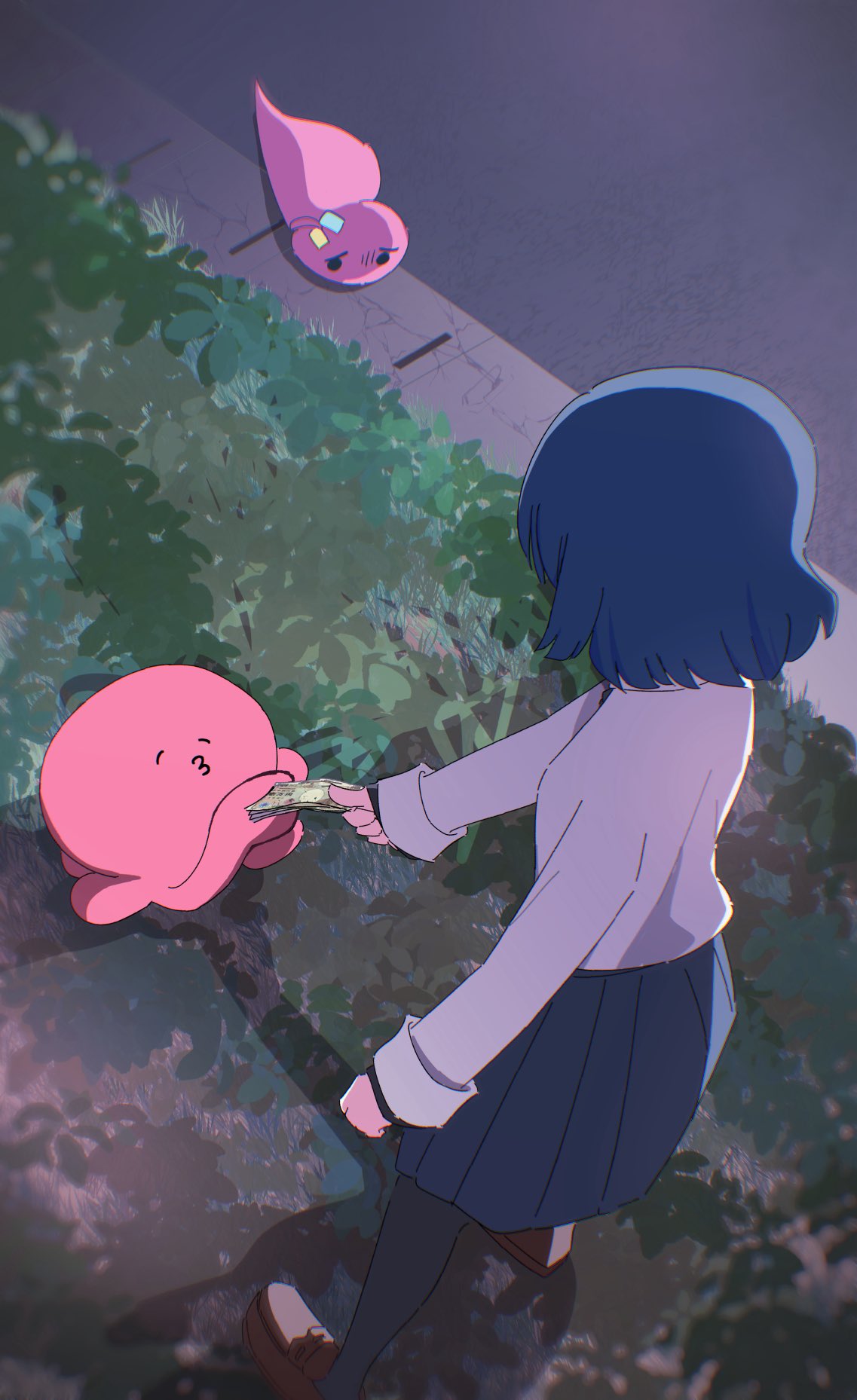 1other, 2girls, alien, banknote, black_pantyhose, blue_hair, blue_skirt, bocchi_the_rock!