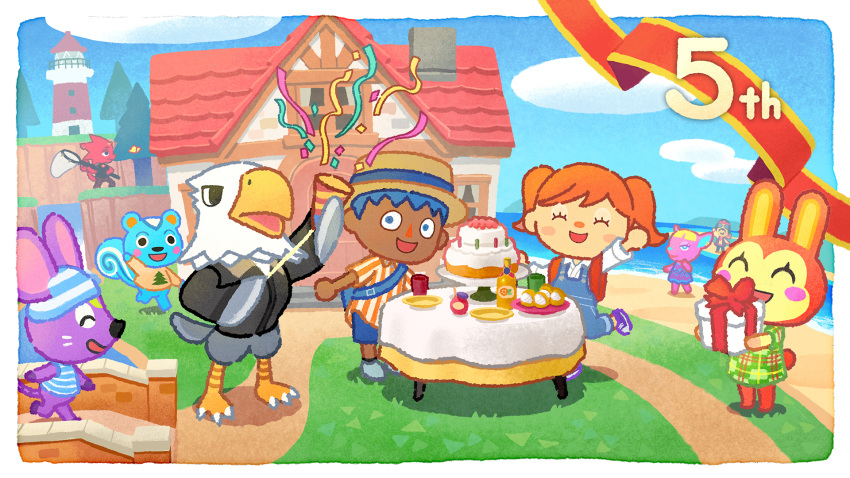 3girls, 6+boys, animal_crossing, animal_crossing:_new_horizons, anniversary, apollo_(animal_crossing), aqua_bandana, aqua_fur