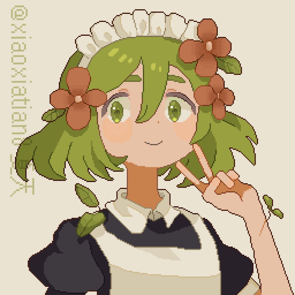 1girl, artist_name, flower, green_eyes, green_hair, hair_between_eyes, hair_flower, hair_ornament