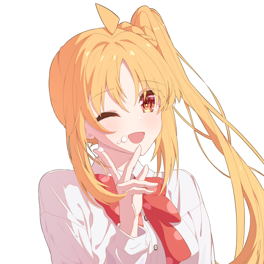 1girl, absurdres, ahoge, blonde_hair, bocchi_the_rock!, bow, bowtie, buttons, collared_shirt, commentary_request, cream, cream_on_face, cream_on_finger, floating_hair, food, food_on_face, hair_between_eyes, hand_up, happy, highres, ijichi_nijika, long_bangs, long_hair, long_sleeves, looking_at_viewer, one_eye_closed, open_mouth, orange_eyes, polka_dot_bowtie, ponytail_with_braided_base, red_bow, red_bowtie, school_uniform, shimokitazawa_high_school_uniform, shirt, side_ponytail, simple_background, smile, solo, upper_body, voyage1969, whipped_cream, white_background, white_shirt