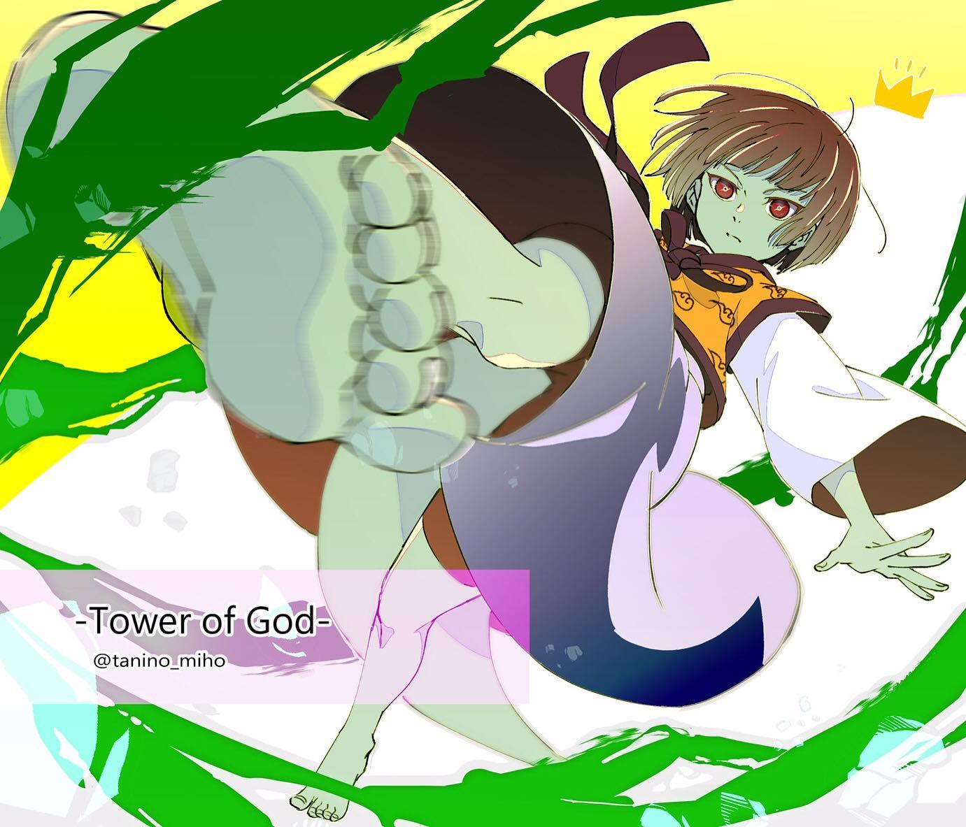 1girl, anak_zahard, artist_name, barefoot, brown_eyes, brown_hair, colored_skin, commentary_request, copyright_name, crown, feet, foreshortening, green_skin, hanbok, instagram_username, kicking, korean_clothes, lizard_tail, lizardman, long_sleeves, looking_at_viewer, motion_blur, official_art, reptile_girl, short_hair, soles, solo, standing, standing_on_one_leg, tail, tanino_miho, toenails, toes, tower_of_god, wide_sleeves, yellow_hanbok