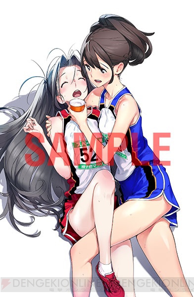2girls, antenna_hair, blush, braid, breasts, brown_eyes, brown_hair, closed_eyes
