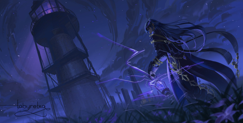 1boy, back, black_coat, clouds, cloudy_sky, coat, collared_coat, electricity