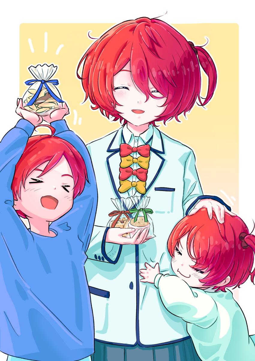 >_<, 1boy, 2girls, :o, absurdres, arms_up, blue_shirt, closed_eyes, hair_bobbles, hair_ornament, highres, hug, imzen, komari_chika, komari_hina, komari_susumu, make_heroine_ga_oo_sugiru!, multiple_girls, parted_bangs, red_hair, school_uniform, shirt, siblings, side_ponytail, skirt, smile, standing, yellow_background
