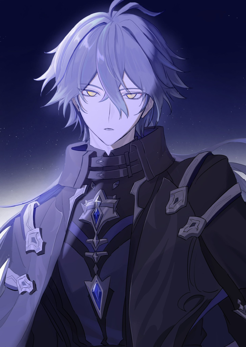 1boy, ahoge, antenna_hair, bags_under_eyes, black_coat, blue_gemstone, blue_hair, chest_jewel