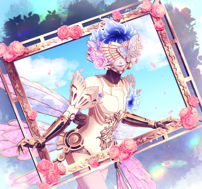 1boy, android, blue_fire, blue_hair, bug, butterfly, commentary, covered_eyes
