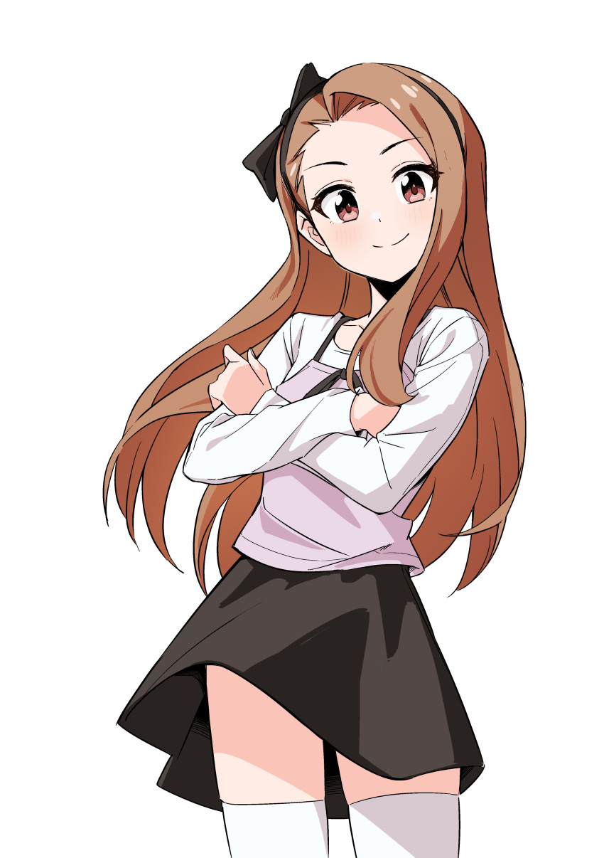 1girl, absurdres, bakawahitori, black_hairband, black_skirt, brown_eyes, brown_hair, closed_mouth, cowboy_shot, crossed_arms, hairband, highres, idolmaster, idolmaster_(classic), long_hair, long_sleeves, looking_at_viewer, minase_iori, shirt, simple_background, skirt, smile, solo, standing, thigh-highs, white_background, white_shirt, white_thighhighs