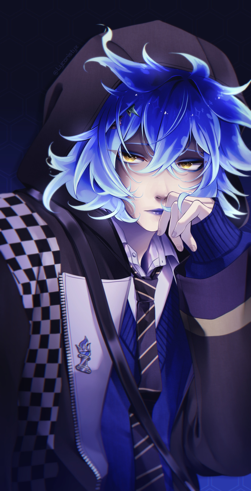 1boy, absurdres, blue_background, blue_hair, blue_lips, blue_sweater_vest, collared_shirt, commentary