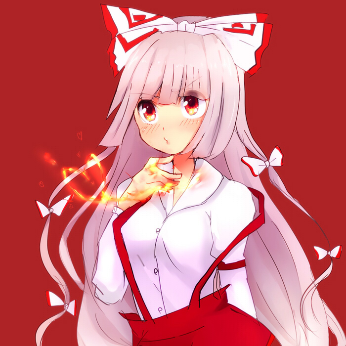 1girl, bad_id, bow, burning_hand, burning_hands, bust, dress_shirt, fire