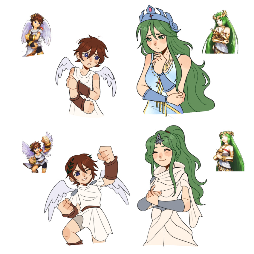 1boy, 1girl, angel, angel_wings, captainludraws, clenched_hands, green_eyes, green_hair