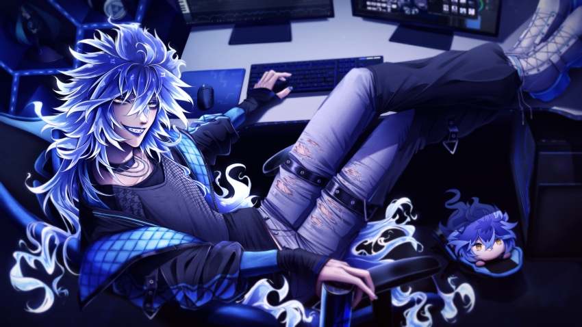 1boy, absurdres, at_computer, black_choker, blue_eyeshadow, blue_hair, blue_lips, blue_nails