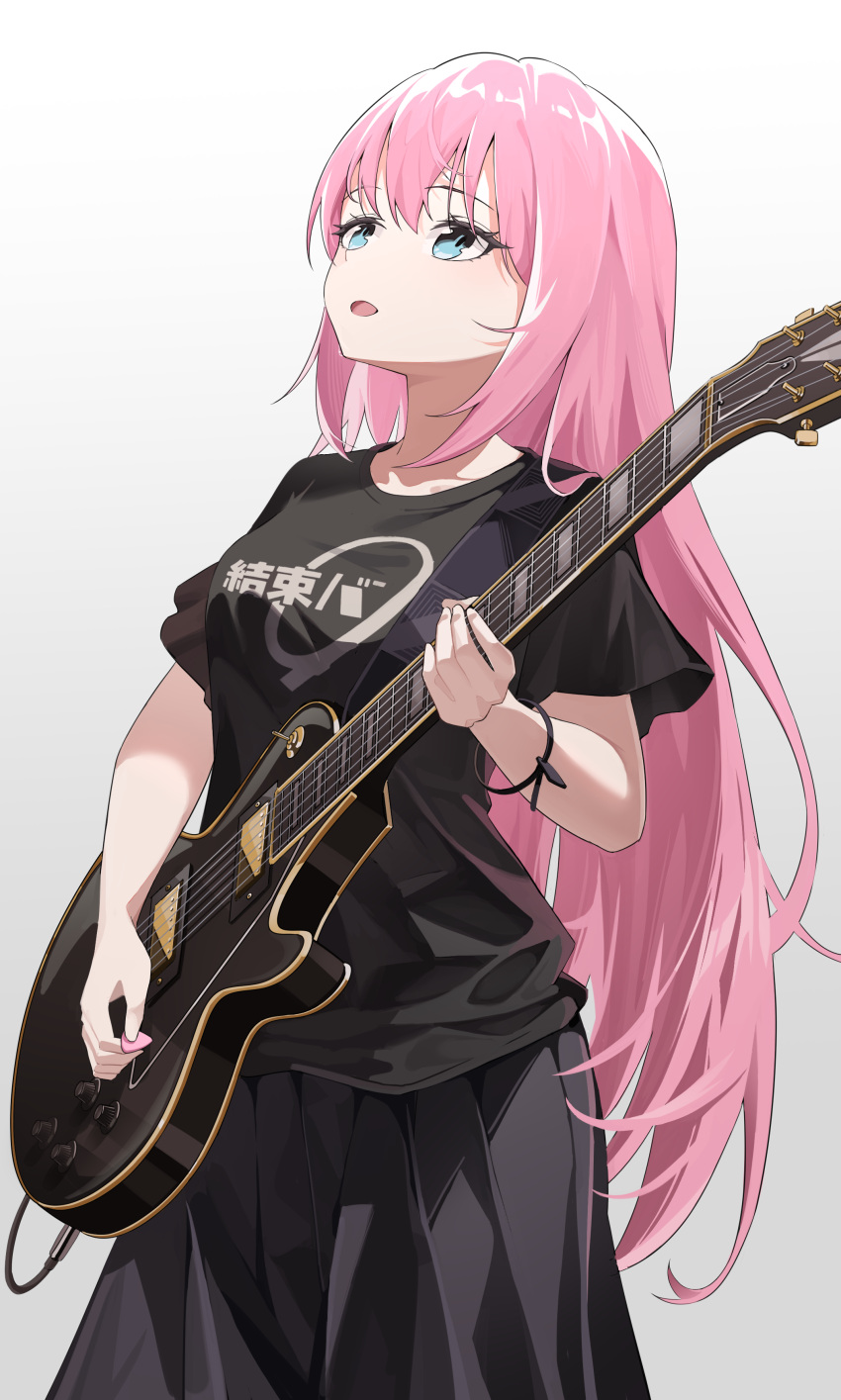 1girl, absurdres, aqua_eyes, black_shirt, black_skirt, bocchi_the_rock!, breasts, cable