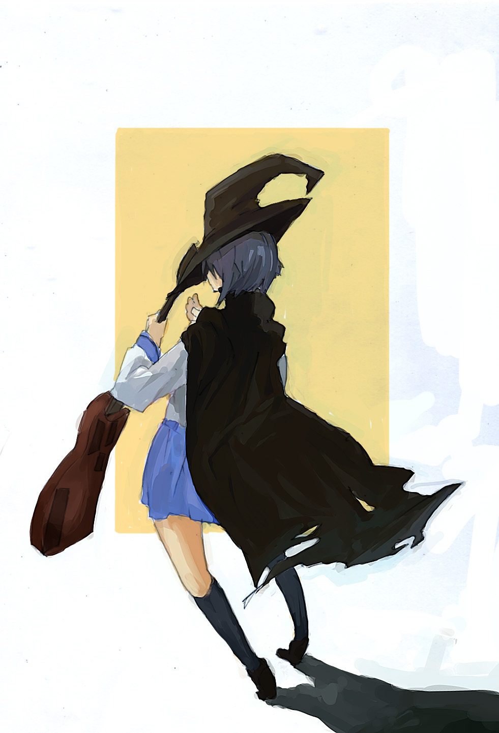 cape, from_behind, grey_hair, guitar, mizu_denpa, nagato_yuki, serafuku, short_hair