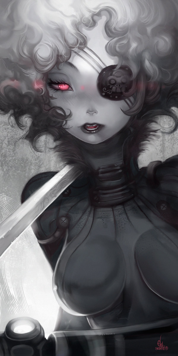 breasts, curly_hair, eyepatch, hector_enrique_sevilla_lujan, highres, impossible_clothes, impossible_clothing, impossible_shirt, large_breasts, lipstick, makeup, original, pink_eyes, shirt, solo, sword, weapon