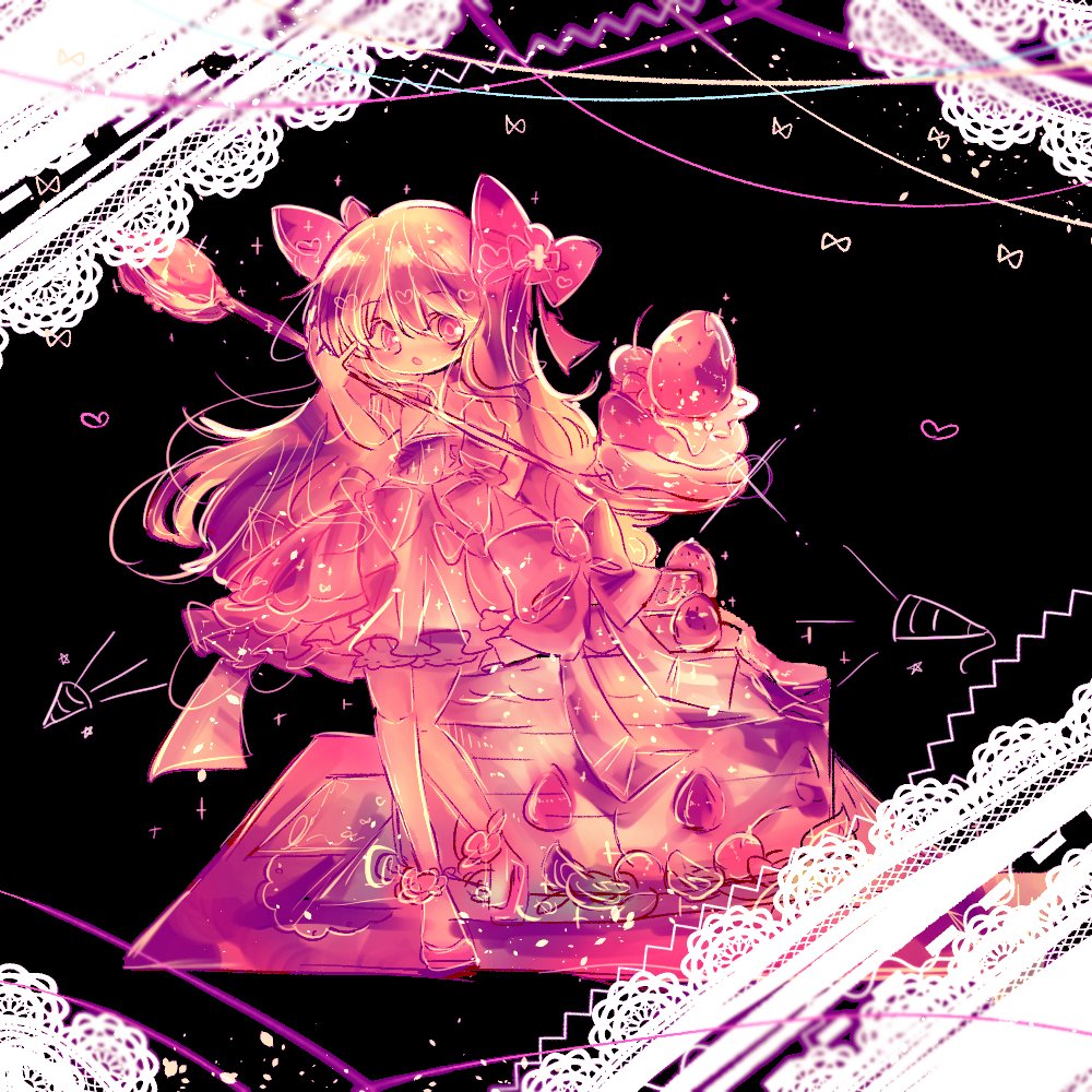1girl, bad_id, bad_twitter_id, black_background, bloomers, cake, chaos_marie_(grimms_notes), dress