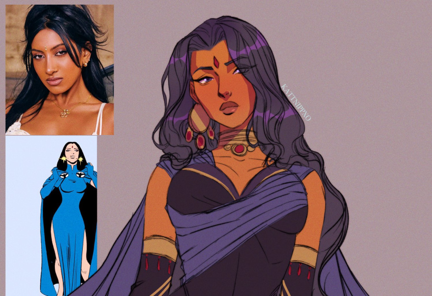 1girl, alternate_design, artist_name, black_leotard, breasts, cape, choker, commentary, dark-skinned_female, dark_skin, dc_comics, earrings, english_commentary, forehead_jewel, jewelry, kattnippxo, lara_(katseye), leotard, long_hair, photo_inset, purple_cape, purple_hair, raven_(dc), real_life, reference_inset, teen_titans, violet_eyes