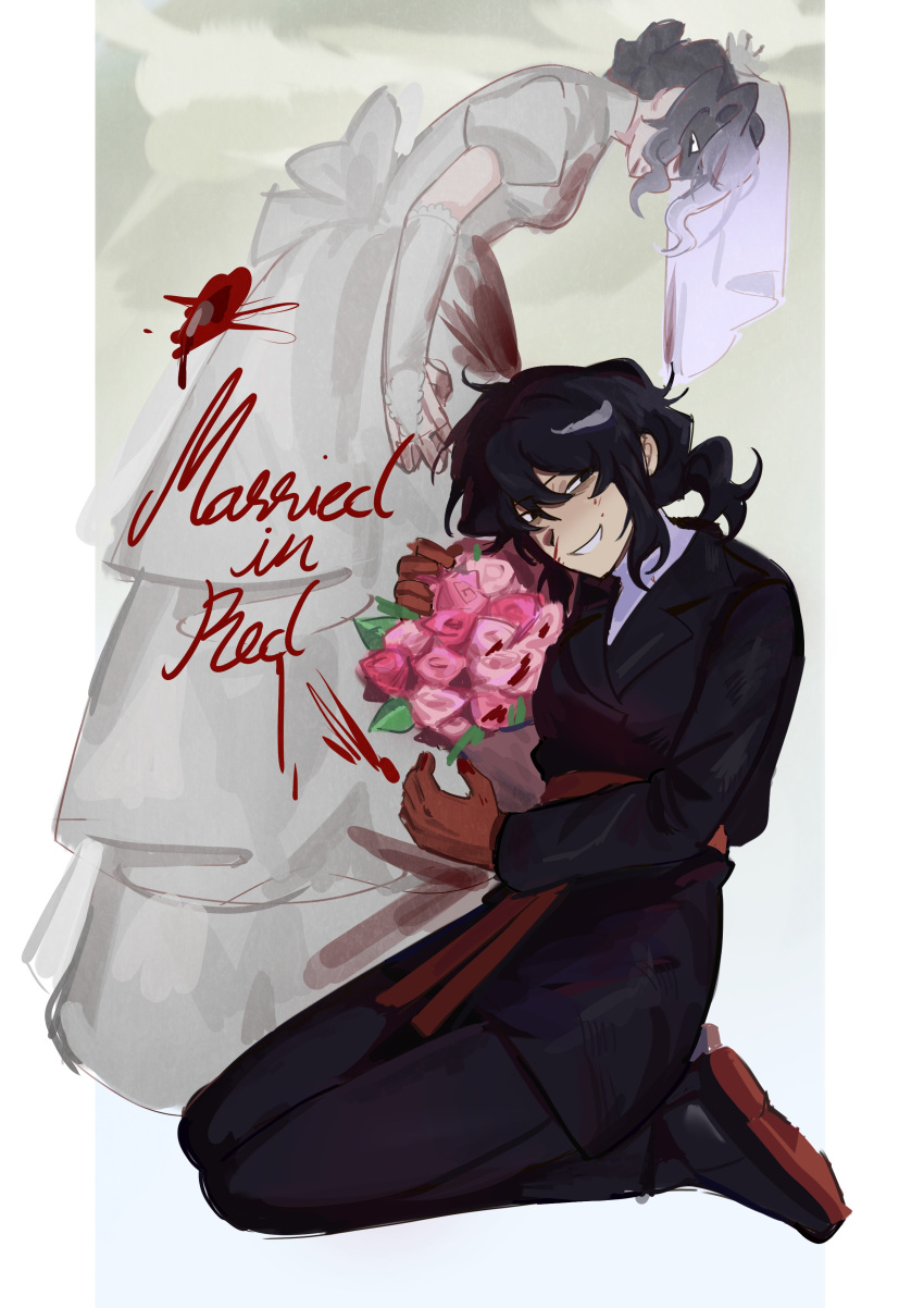 2girls, absurdres, black_coat, black_hair, black_pants, black_shoes, blood, blood_on_clothes