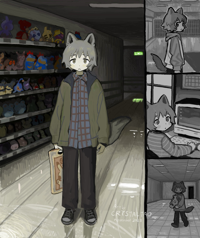 1boy, animal_ears, bag, blue_shirt, character_print, computer, coyotetaodog, crt