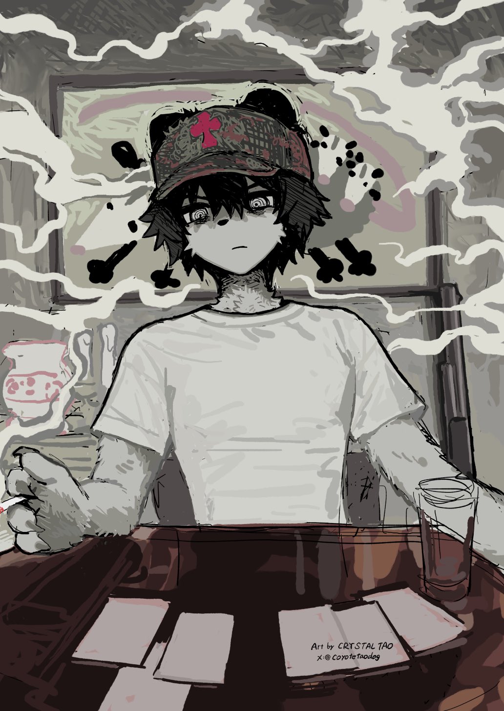 1boy, animal_ears, baseball_cap, black_hair, body_fur, cigarette, coyotetaodog, english_commentary