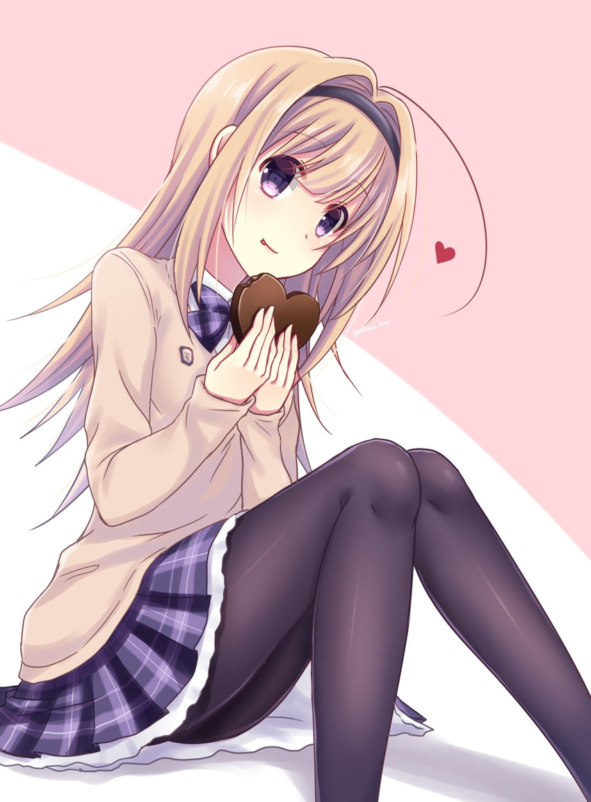 1girl, black_hairband, black_pantyhose, blazer, blonde_hair, blue_bow, blue_bowtie, blue_skirt, bow, bowtie, brown_jacket, candy, chaos;head, chocolate, closed_mouth, commentary, feet_out_of_frame, food, hair_between_eyes, hair_intakes, hairband, heart, heart-shaped_chocolate, heart-shaped_food, highres, holding, holding_food, jacket, long_hair, long_sleeves, looking_at_another, miniskirt, nishijou_myu, nishijou_nanami, pantyhose, pink_background, plaid_bow, plaid_bowtie, plaid_clothes, plaid_skirt, pleated_skirt, school_uniform, science_adventure, shiny_clothes, shiny_legwear, sitting, skirt, smile, solo, suimei_academy_school_uniform, tongue, tongue_out, two-tone_background, valentine, violet_eyes, white_background