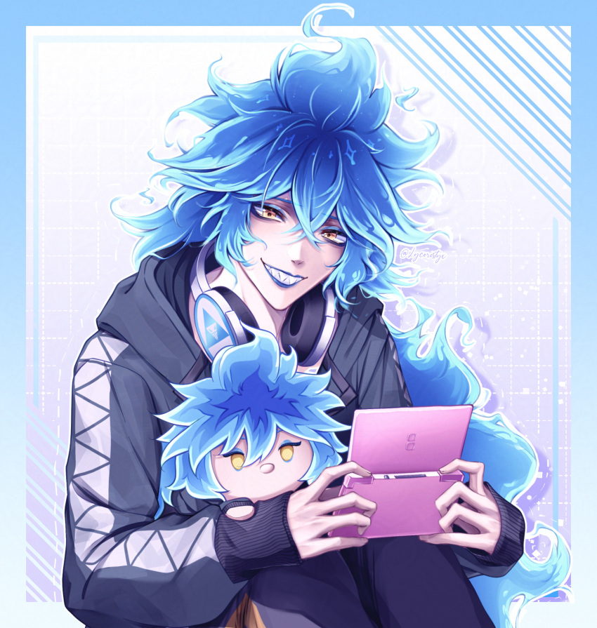 1boy, blue_background, blue_eyeshadow, blue_hair, blue_lips, border, character_doll, commentary