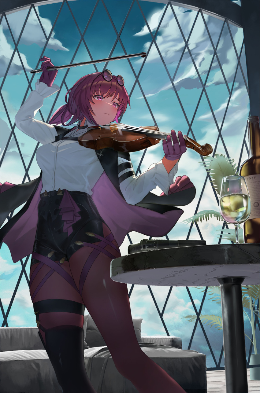 1girl, absurdres, alcohol, bed, black-framed_eyewear, black_boots, black_jacket, black_shorts