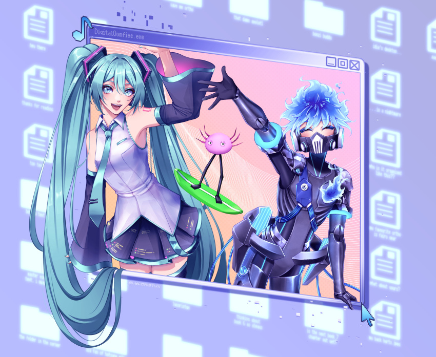 1girl, 2boys, android, aqua_eyes, aqua_hair, aqua_necktie, blue_eyeshadow, blue_fire