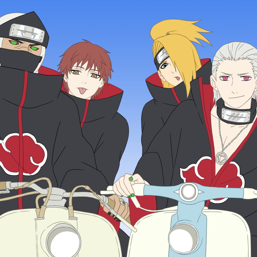 4boys, akatsuki_uniform, blonde_hair, blue_eyes, blue_sky, brown_eyes, closed_mouth, deidara_(naruto)