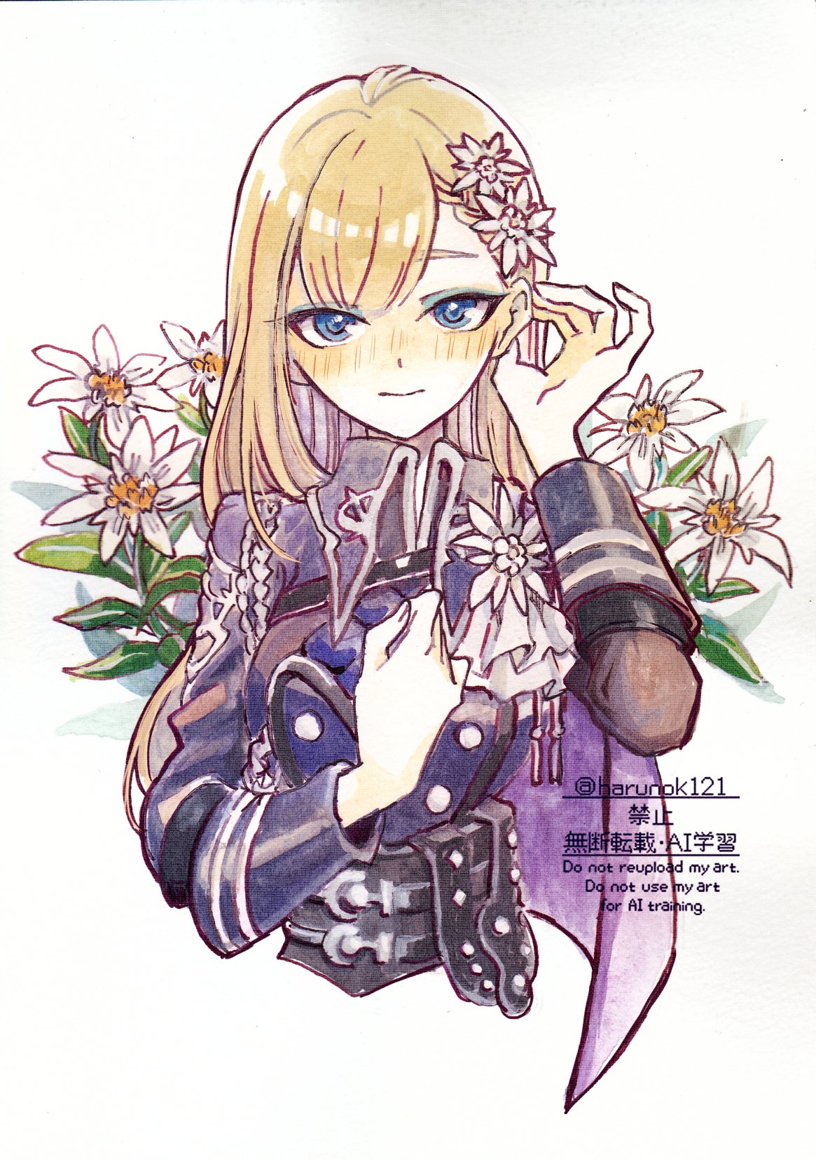 1girl, artist_name, blonde_hair, blue_eyes, blue_eyeshadow, blue_pupils, clarice_(rune_factory), commentary_request