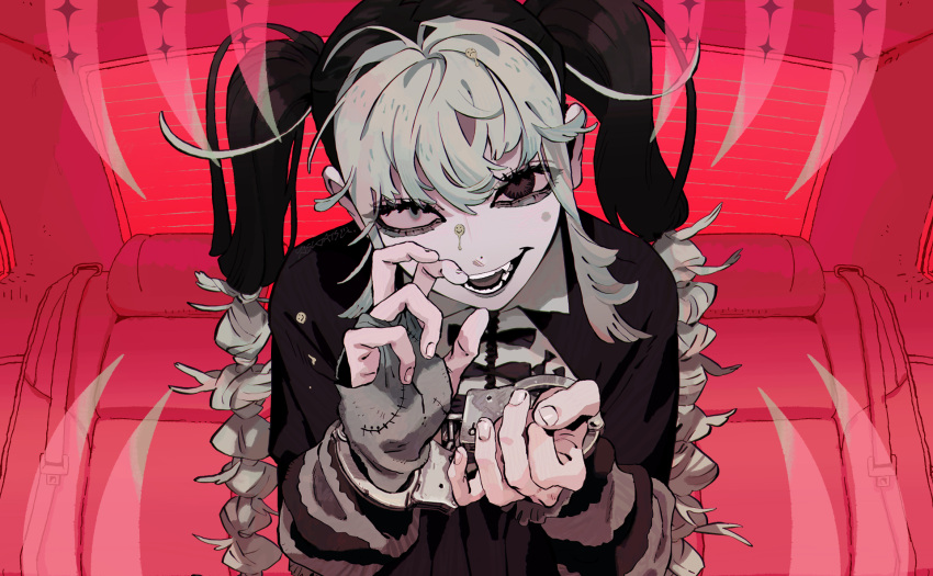 1girl, atashi_(vocaloid), black_eyes, black_hair, black_tongue, car_interior, collared_dress, colored_tongue