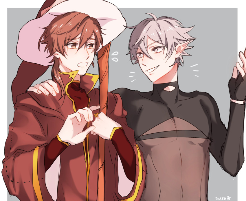 1hp_club, 2boys, :d, black_gloves, border, brown_eyes, brown_hair, crew_neck
