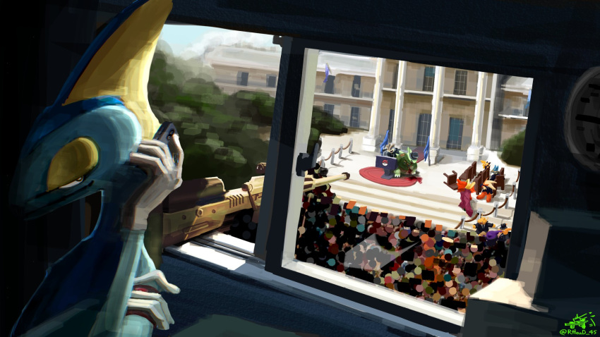 6+others, aiming, assassin, black_hat, black_necktie, blazer, blaziken, blood, blood_on_clothes, blood_on_ground, blood_on_hands, blue_flag, building, cellphone, censored, charizard, clock, clothed_pokemon, crossed_arms, crowd, crowded, dappled_sunlight, delphox, dragonite, dress_shirt, facing_away, facing_to_the_side, fedora, forest, formal_clothes, gengar, gun, half-closed_eyes, hand_on_own_chest, hand_on_own_shoulder, hat, highres, holding, holding_phone, indoors, injury, inteleon, jacket, looking_at_another, looking_to_the_side, lucario, machoke, microphone, military_uniform, mosaic_censoring, multiple_others, nature, necktie, outdoors, phone, pikachu, pillar, podium, pokemon, pokemon_(creature), rhond_45, rifle, scope, shirt, side-by-side, smartphone, sniper_rifle, sunlight, tree, tyranitar, weapon, white_shirt