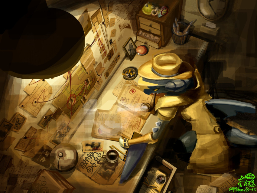 1other, cigarette, cigarette_butt, cigarette_holder, clock, clothed_pokemon, coat, colored_sclera, compass, cup, desk, facing_to_the_side, fedora, garchomp, hat, highres, indoors, light_particles, looking_at_object, map_(object), mechanical_arms, open_clothes, open_coat, paper, peacoat, pencil, poke_ball, poke_ball_(basic), pokemon, pokemon_(creature), rhond_45, scabbard, sheath, shelf, single_mechanical_arm, sitting, smoking, smoking_pipe, string, yellow_coat, yellow_sclera
