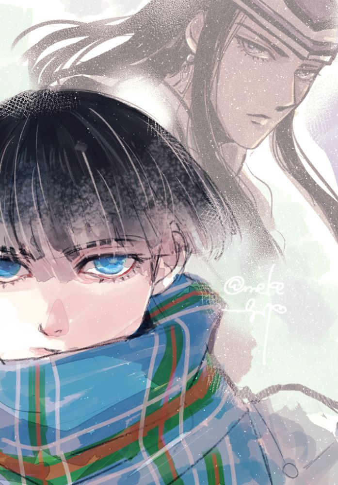 2boys, artist_name, black_hair, blue_eyes, blue_scarf, closed_mouth, commentary_request, cu_chulainn_(megami_tensei)